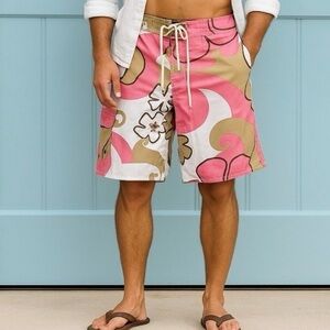 American Eagle Outfitters Tan/Pink Floral Board Shorts Swim Trunks
